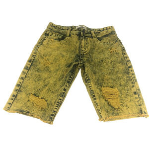12am Nation Mens Distressed Denim Shorts Size 34‎ Mustard Yellow Black Acid Wash